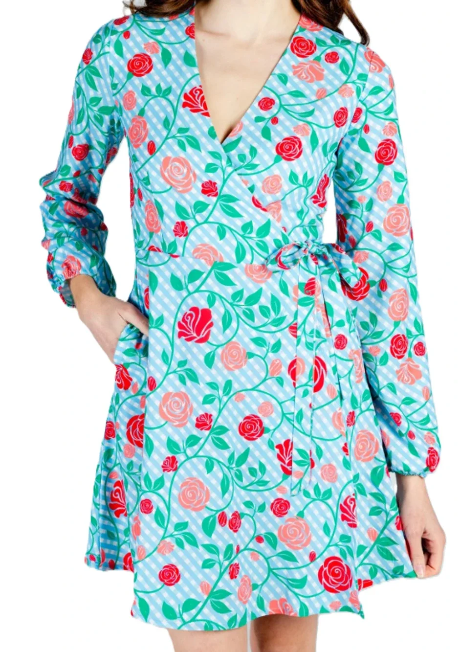 Shinesty Sz 2X Wrap Dress Kentucky Fried Daily Double Derby Roses Print Blue